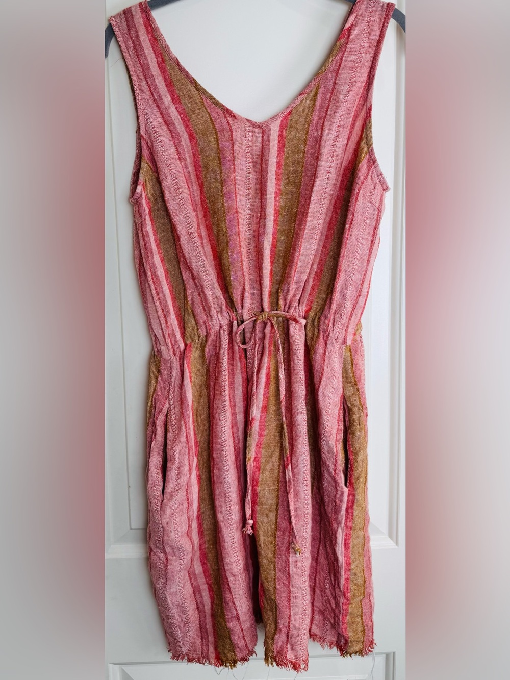 DREW Red Nat Dobby Stripe Linen Blend Drawstring Dress M